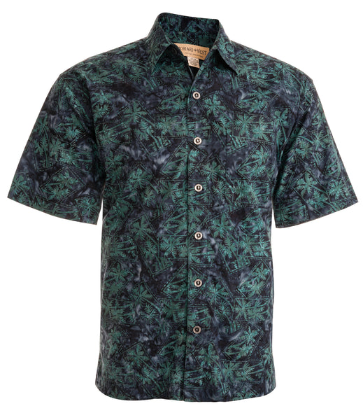 Johari West Geometric Forest Hawaiian Batik Shirt - 100% Indonesian Cotton (Large, Navy)