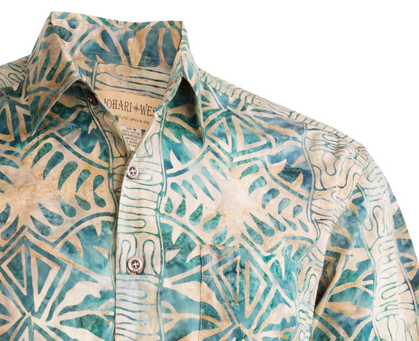 Johari West Island Oasis Cotton Batik Shirt - Hand-Printed Hawaiian Style Tropical Button Down