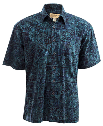 Johari West, Short Sleeve, Blue and Turquoise Batik Hawaiian Shirt, Button Down Men's Shirt