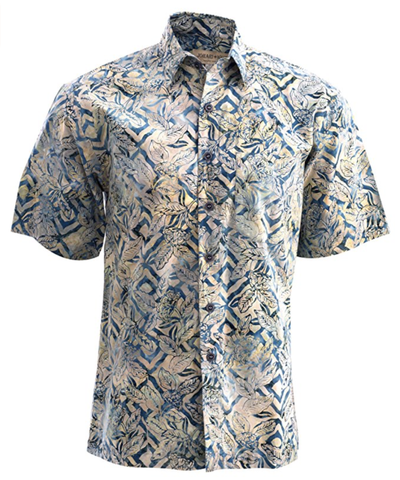 Johari West, Short Sleeve, Gray Batik Hawaiian Shirt, Button Down Men's Shirt