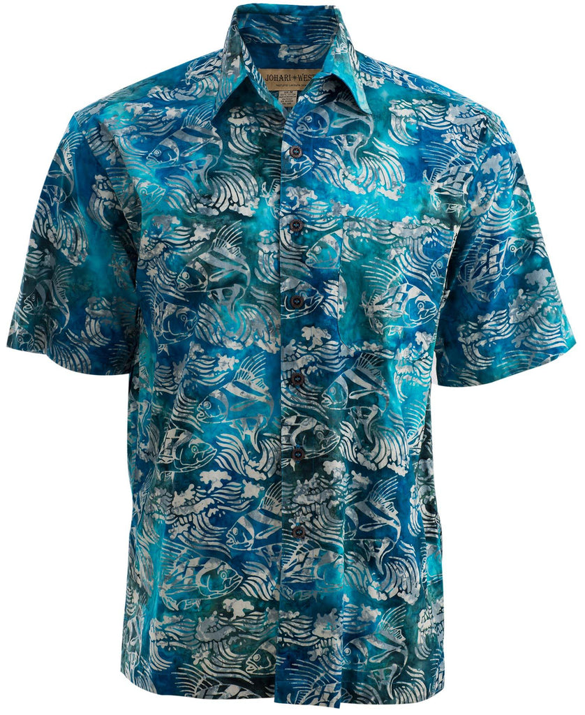 Johari West, Short Sleeve, Blue and Silver Batik Hawaiian Shirt, Button Down Men's Shirt