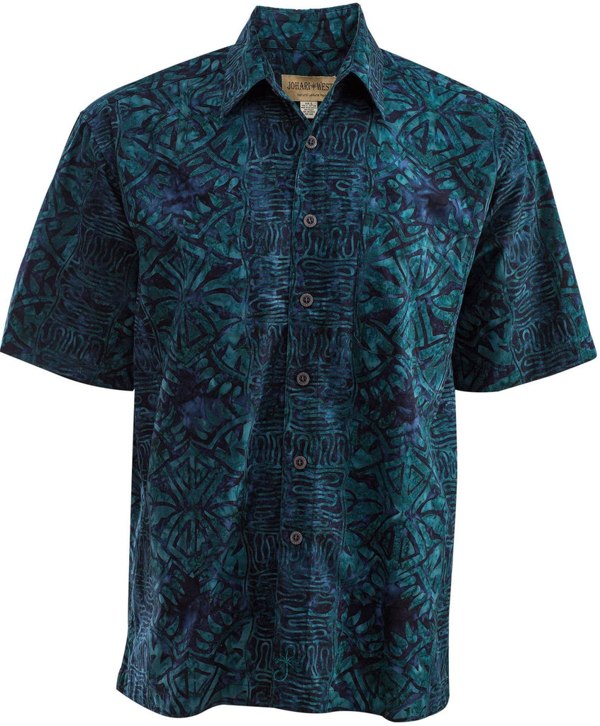 Geometric Sapphire (1312) - Johari West Short Sleeve, Green and Blue Batik Hawaiian Shirt, Button Down Men's Shirt