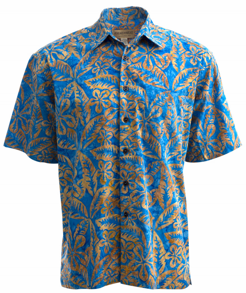 Johari West, Short Sleeve, Blue and Yellow Batik Hawaiian Shirt, Button Down Men's Shirt