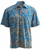 Johari West, Short Sleeve, Blue and Yellow Batik Hawaiian Shirt, Button Down Men's Shirt