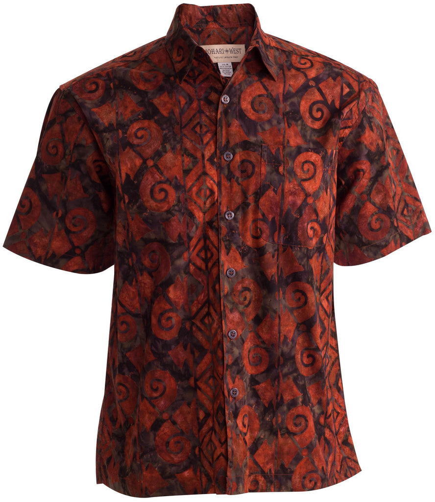 Johari West, Short Sleeve, Orange and Black Batik Hawaiian Shirt, Button Down Men's Shirt