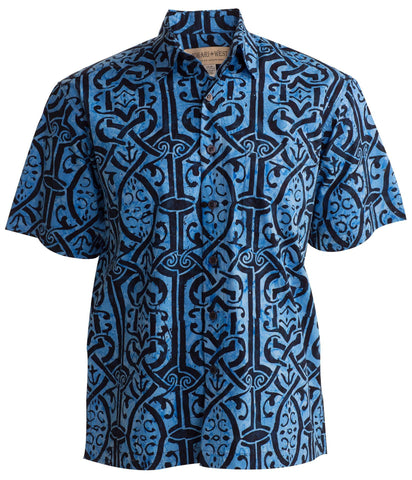 Johari West, Short Sleeve, Blue Batik Hawaiian Shirt, Button Down Men's Shirt