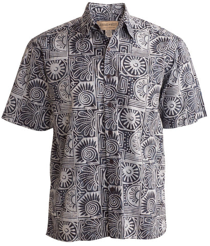Johari West, Short Sleeve, Gray and White Batik Hawaiian Shirt, Button Down Men's Shirt