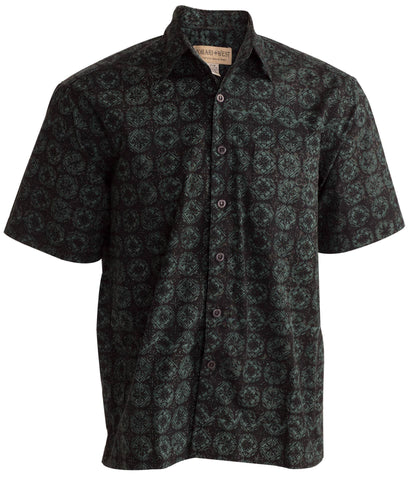 Johari West, Short Sleeve, Green and Black Batik Hawaiian Shirt, Button Down Men's Shirt