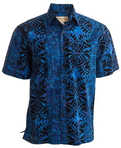 Johari West, Short Sleeve, Blue and Black Batik Hawaiian Shirt, Button Down Men's Shirt