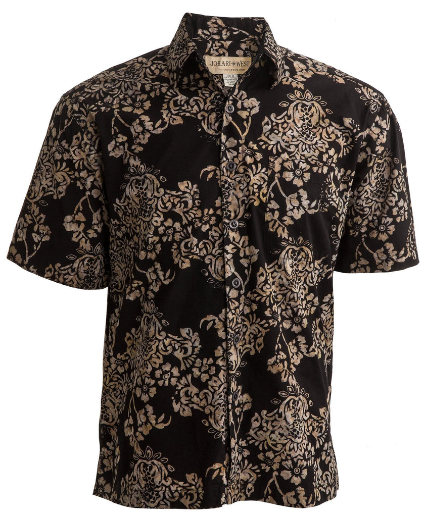 Johari West, Short Sleeve, Black and Gold Batik Hawaiian Shirt, Button Down Men's Shirt