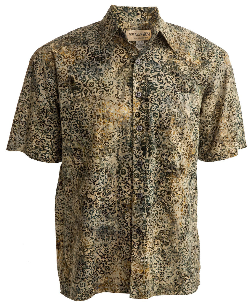 Johari West, Short Sleeve, Olive Batik Hawaiian Shirt, Button Down Men's Shirt