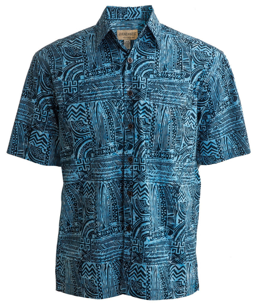 Johari West, Short Sleeve, Blue Batik Hawaiian Shirt, Button Down Men's Shirt