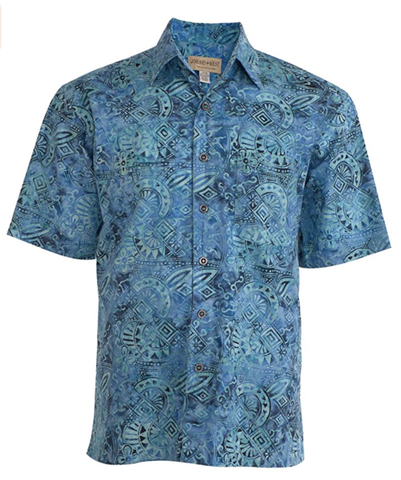 Johari West, Short Sleeve, Blue Batik Hawaiian Shirt, Button Down Men's Shirt