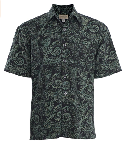 Johari West, Short Sleeve, Green and Black Batik Hawaiian Shirt, Button Down Men's Shirt