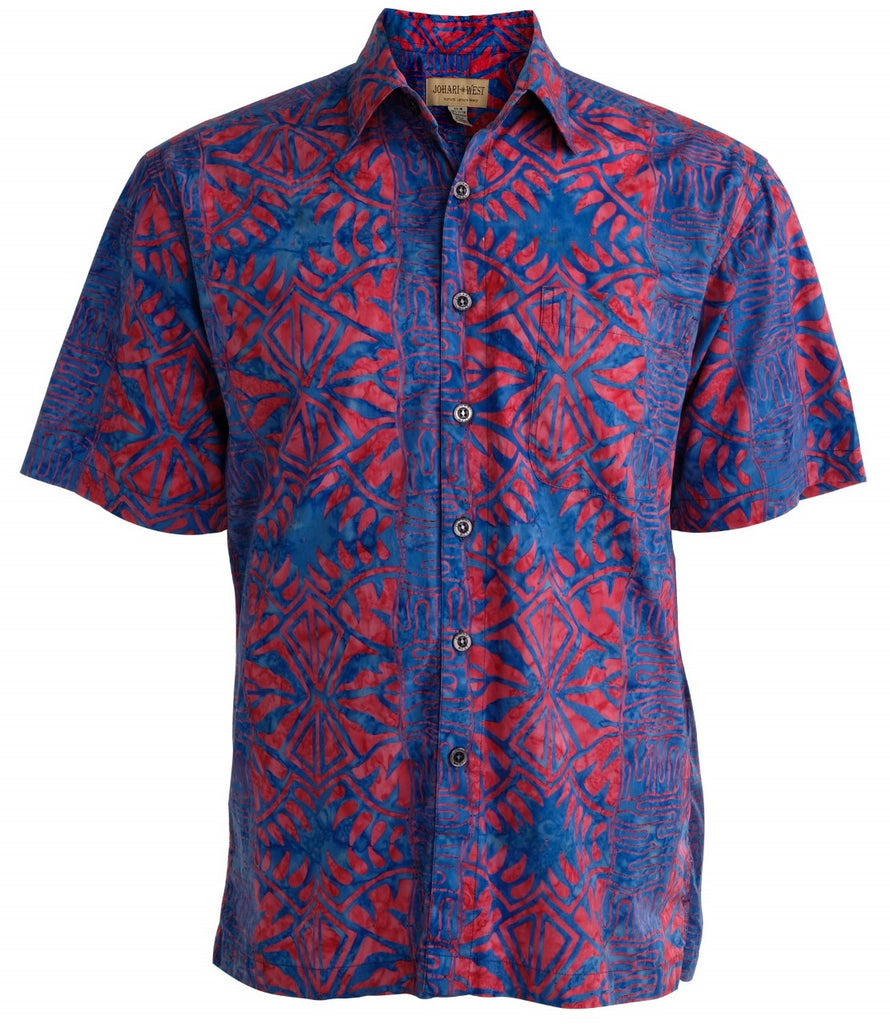 Johari West, Short Sleeve, Red and Blue Batik Hawaiian Shirt, Button Down Men's Shirt