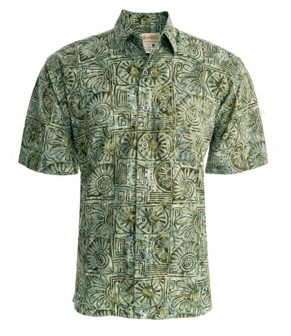 Johari West, Short Sleeve, Green Batik Hawaiian Shirt, Button Down Men's Shirt