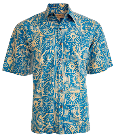 Johari West, Short Sleeve, Blue Batik Hawaiian Shirt, Button Down Men's Shirt