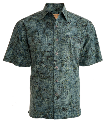 Johari West, Short Sleeve, Green Batik Hawaiian Shirt, Button Down Men's Shirt