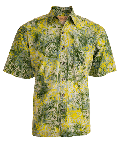 Johari West, Short Sleeve, Yellow and Green Batik Hawaiian Shirt, Button Down Men's Shirt