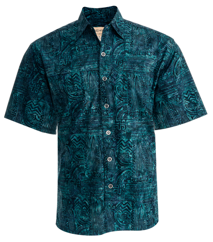 Johari West, Short Sleeve, Blue and Green Batik Hawaiian Shirt, Button Down Men's Shirt