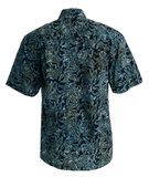 Autumn Gold (1450-Black) - Johari West Green/Blue and Black, Short Sleeve Batik Hawaiian Shirt, Button Down Men's Shirt
