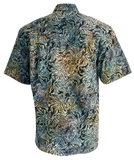 Autumn Gold (1451-Brown) - Johari West, Floral Brown Blue and Yellow, Short Sleeve Batik Hawaiian Shirt, Button Down Men's Shirt