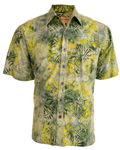 Johari West, Short Sleeve, Green Batik Hawaiian Shirt, Button Down Men's Shirt