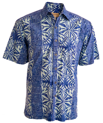 Geometric Forest (1464-Iris) - Johari WestJohari West, Short Sleeve, Blue and White Batik Hawaiian Shirt, Button Down Men's Shirt