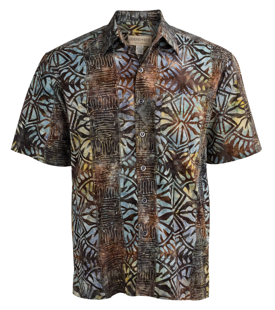 Johari West, Short Sleeve, Brown Batik Hawaiian Shirt, Button Down Men's Shirt