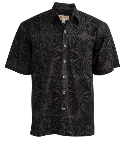 Geometric Forest (1422-Slate) - Johari West Green and Black Batik Hawaiian Shirt, Button Down Men's Shirt