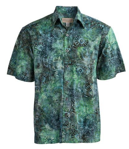 Johari West, Short Sleeve, Green Batik Hawaiian Shirt, Button Down Men's Shirt