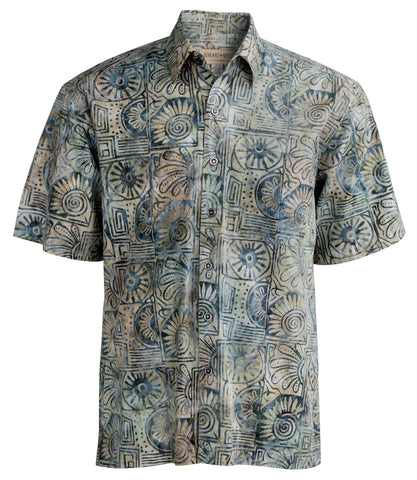 Johari West, Short Sleeve, Gray Batik Hawaiian Shirt, Button Down Men's Shirt