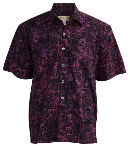 Johari West, Short Sleeve, Purple Batik Hawaiian Shirt, Button Down Men's Shirt