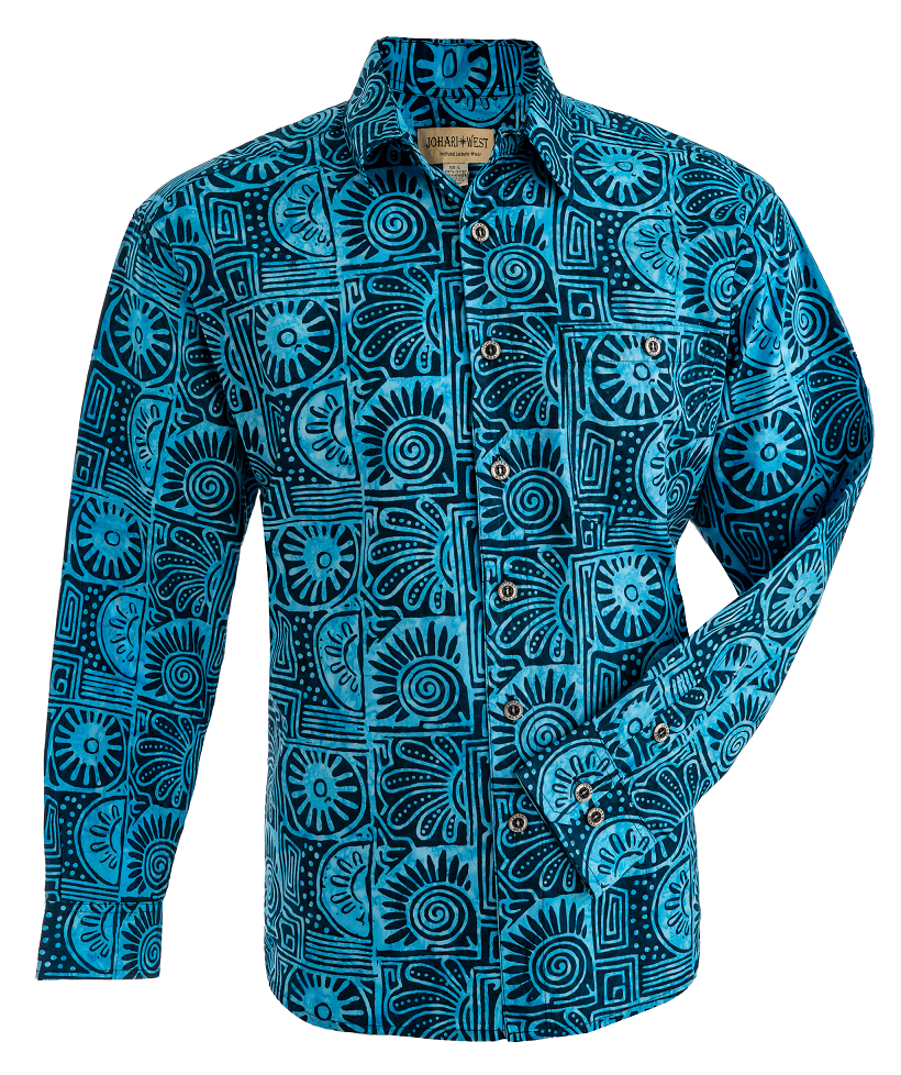 Johari West, Long Sleeve, Blue and Black Batik Hawaiian Shirt, Button Down Men's Shirt