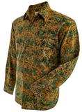 Johari West, Long Sleeve, Green and Orange Batik Hawaiian Shirt, Button Down Men's Shirt