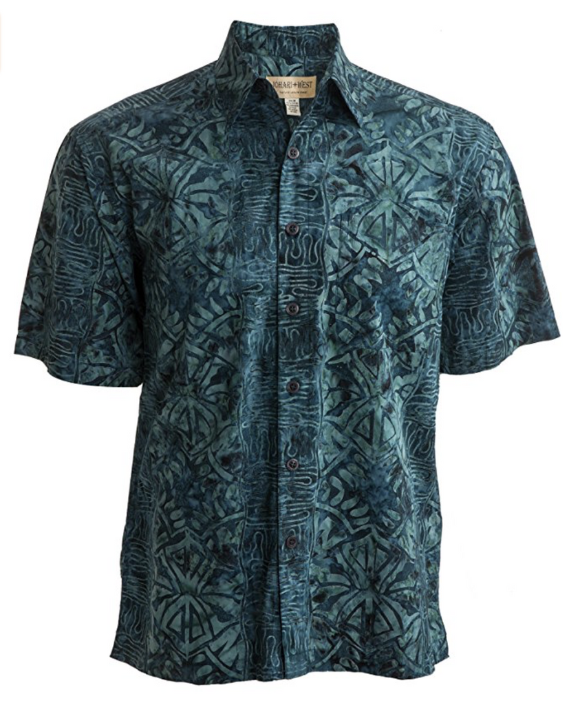 Johari West, Short Sleeve, Green Batik Hawaiian Shirt, Button Down Men's Shirt
