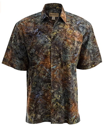 Johari West, Short Sleeve, Brown and Floral colors Batik Hawaiian Shirt, Button Down Men's Shirt