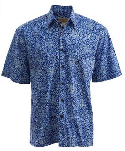 Johari West, Short Sleeve, Blue Batik Hawaiian Shirt, Button Down Men's Shirt